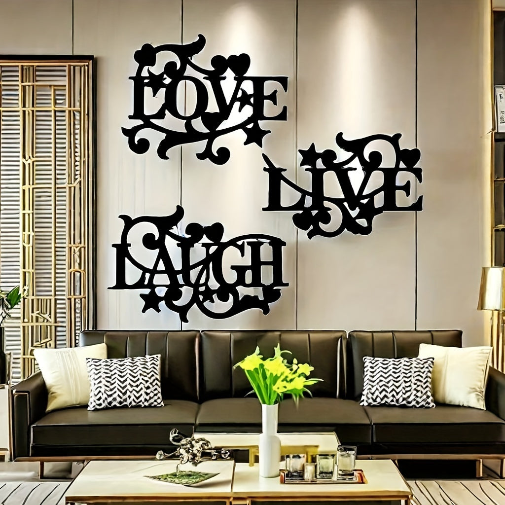 3-Piece Metal Wall Art Set – Love Life Laughter Letter Sign Silhouette | Modern Elegant Black Wall Decor for Living Room, Bedroom & Kitchen | Stylish Home Art Decoration