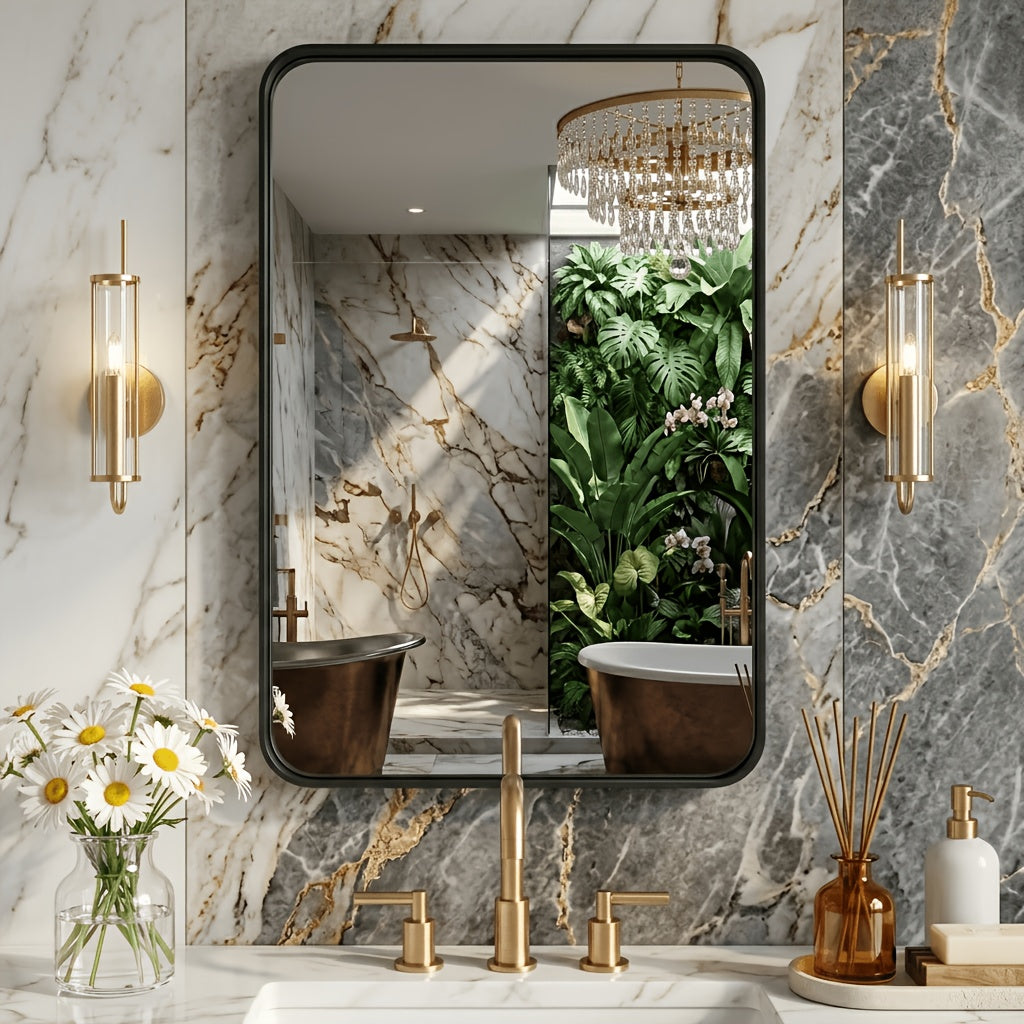 Metal Framed Rounded Rectangle Wall Mirror for Bathroom – Over Sink, Horizontal or Vertical Hanging, Modern Farmhouse Decor, Matte Black, Gold & Silver, Multiple Sizes 16x20 to 36x48 In