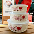 3-Piece Enamel Sealed Container Set with Lids – Fresh-Keeping Food Storage Bowls for Fruit, Vegetables, Soup & Salad | Lunch Box, School & Home | Rose & Floral Styles