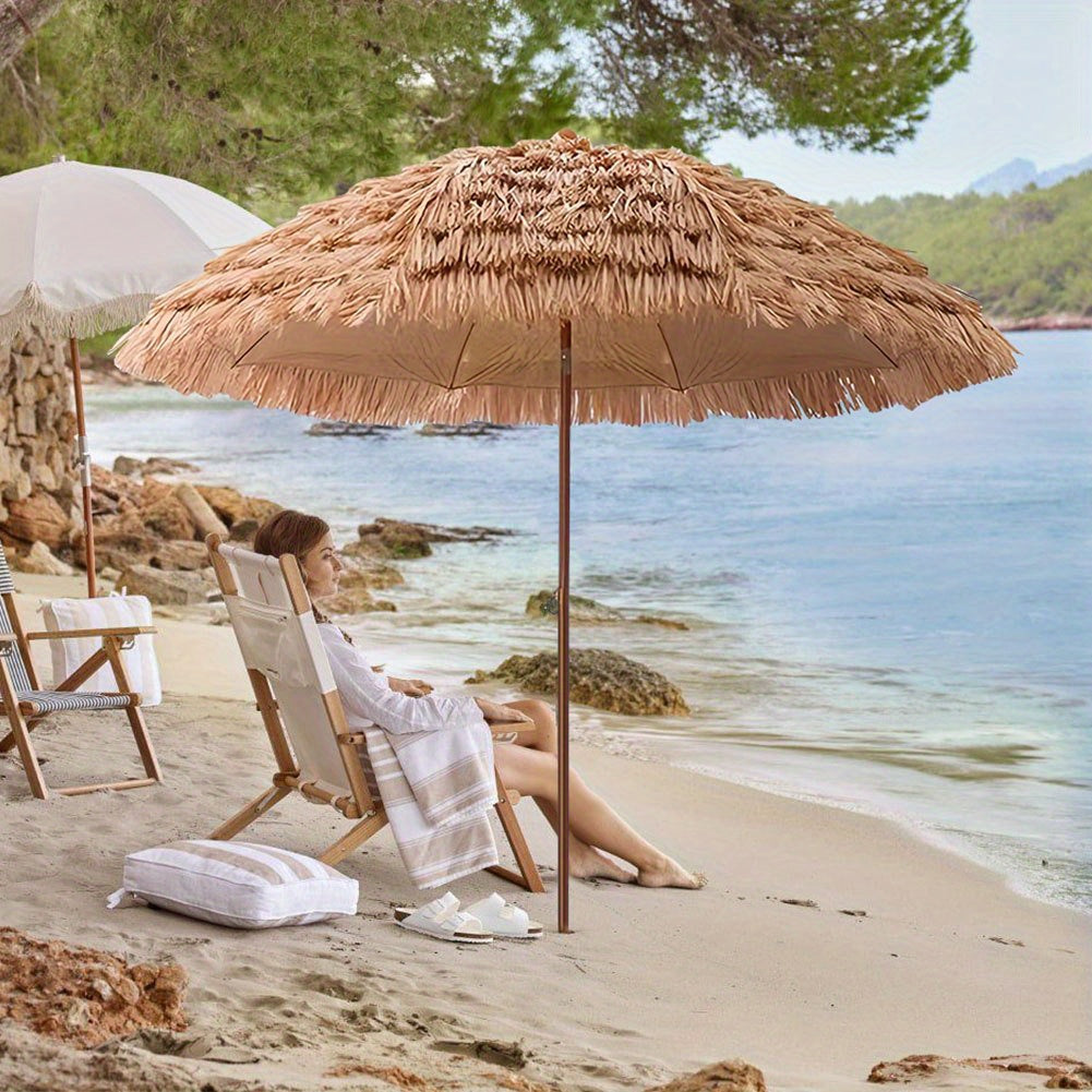 7.5 Foot Tropical Thatch Tiki Outdoor Patio Umbrella UV Protection Push Button Tilt Manual Lift Steel Pole Iron Frame Poolside Garden Backyard