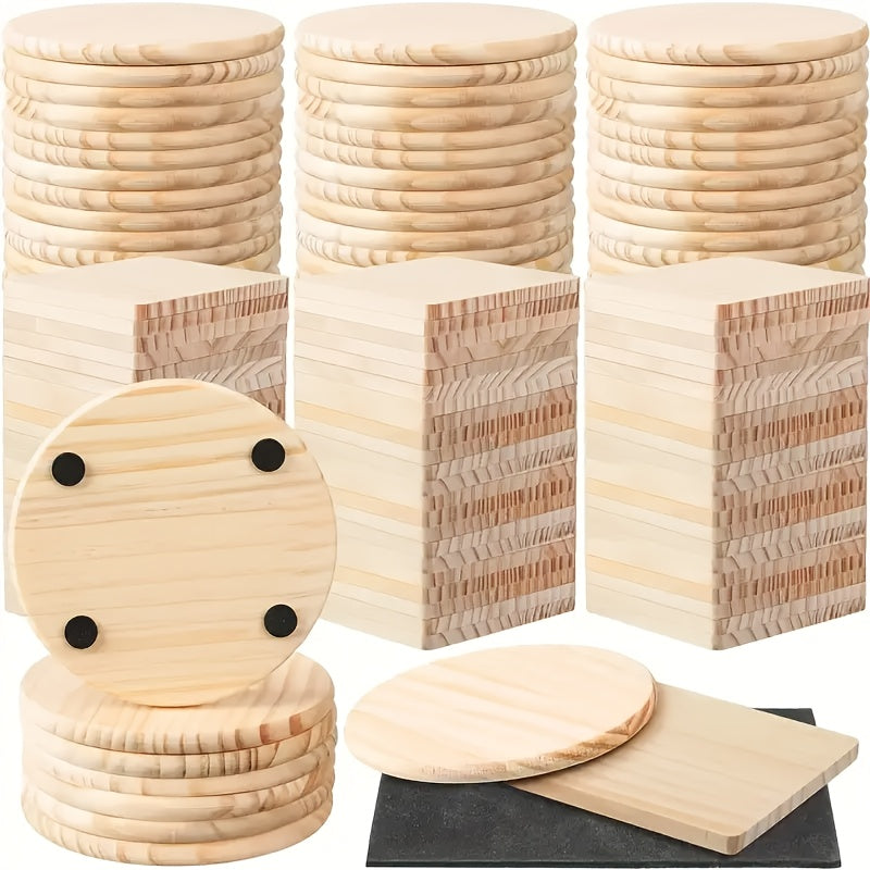 Unfinished Wood Coasters for Crafts DIY Engraving Painting – 4 Inch Square & Round Wooden Drink Coasters with Non-Slip Pad for Home Kitchen Coffee Table | 30 or 60 Pack