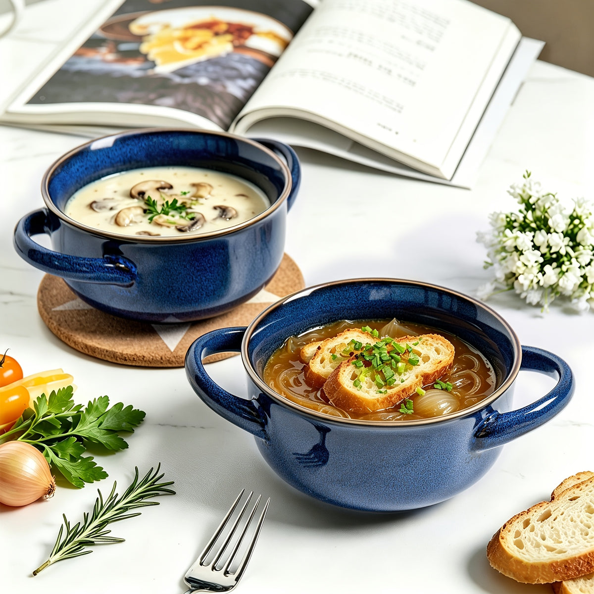 Colorful Ceramic Double-Handled Bowl Set Dopamine Style 28oz Extra-Large – Microwave & Dishwasher Safe for Soup, Salad, Pasta & Ramen – 2 or 4 Piece, Assorted Colors