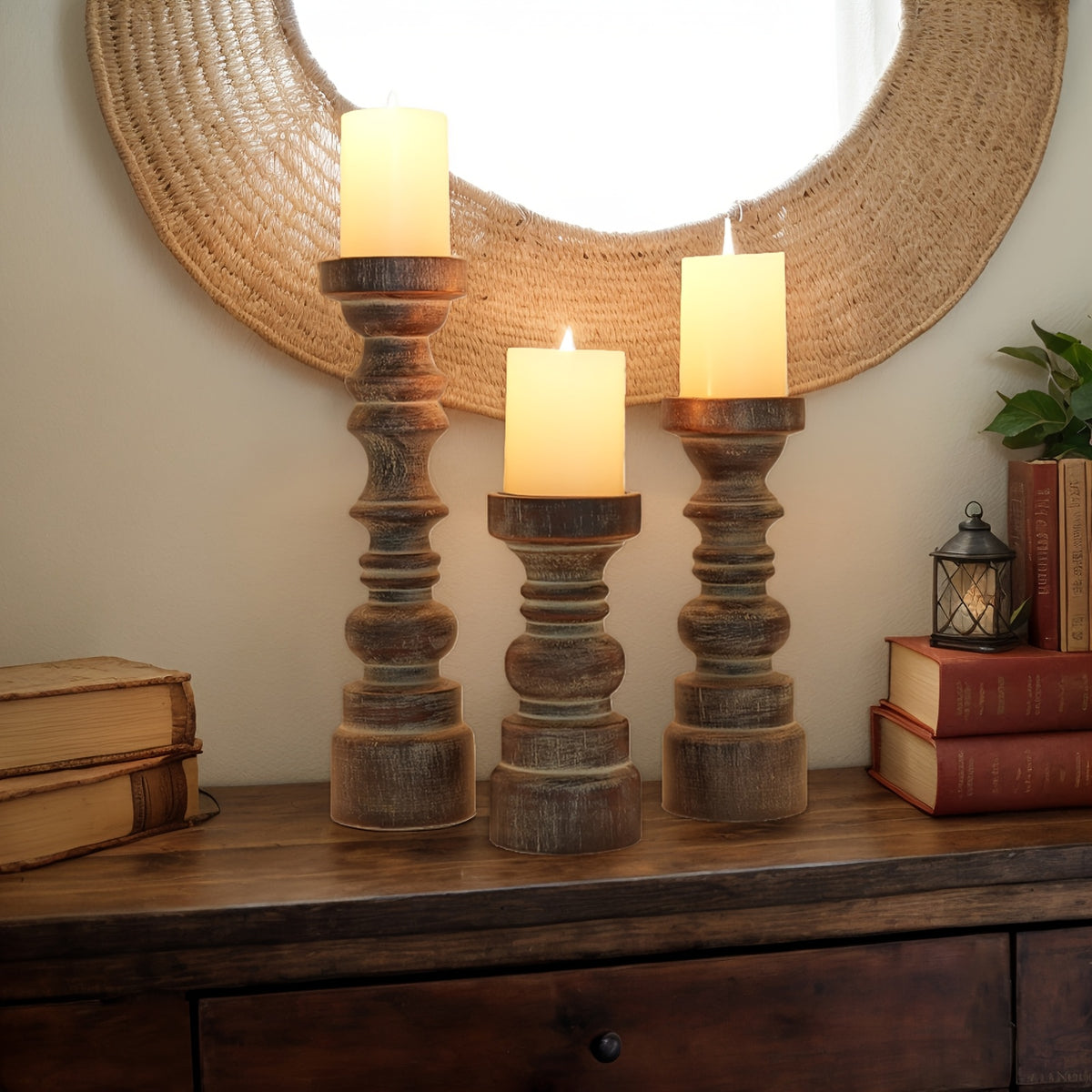 Rustic Wooden Pillar Candle Holders Set of 3 Farmhouse Style Table Centerpiece Coffee Table Fireplace Mantel Home Decor