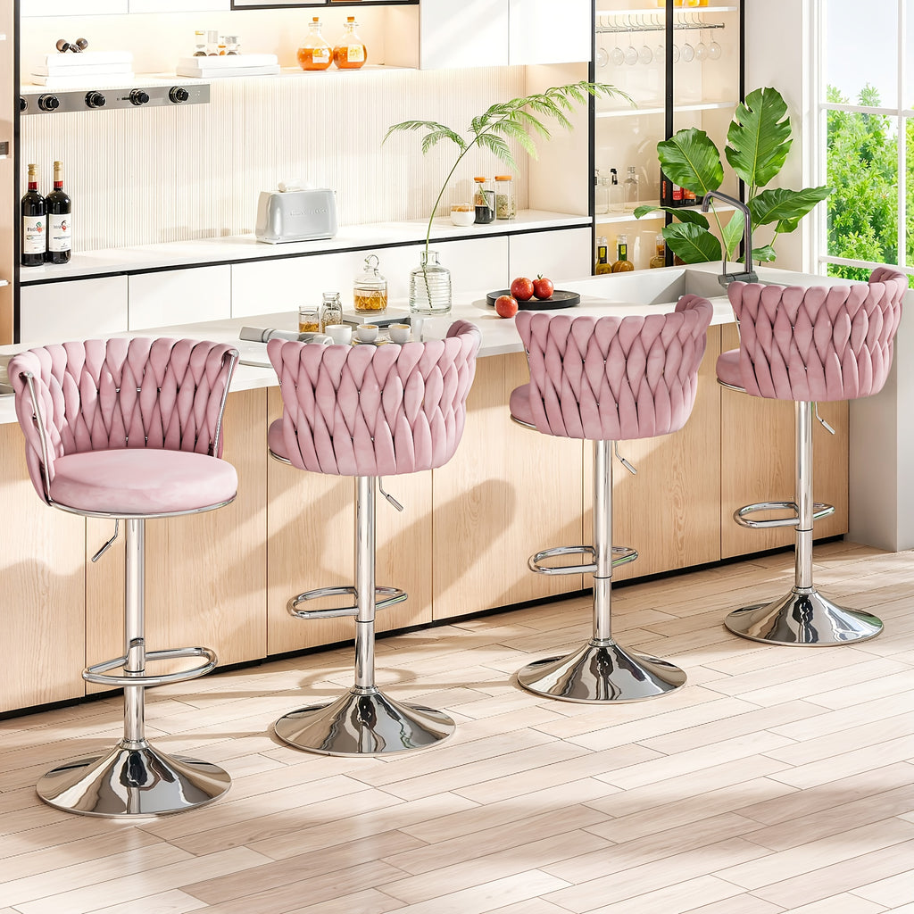 Bar Stools Set of 2 or 4 Adjustable Height Metal Leg Upholstered Counter Chairs for Kitchen Island Bar Living Room Dining Room – Glam Style