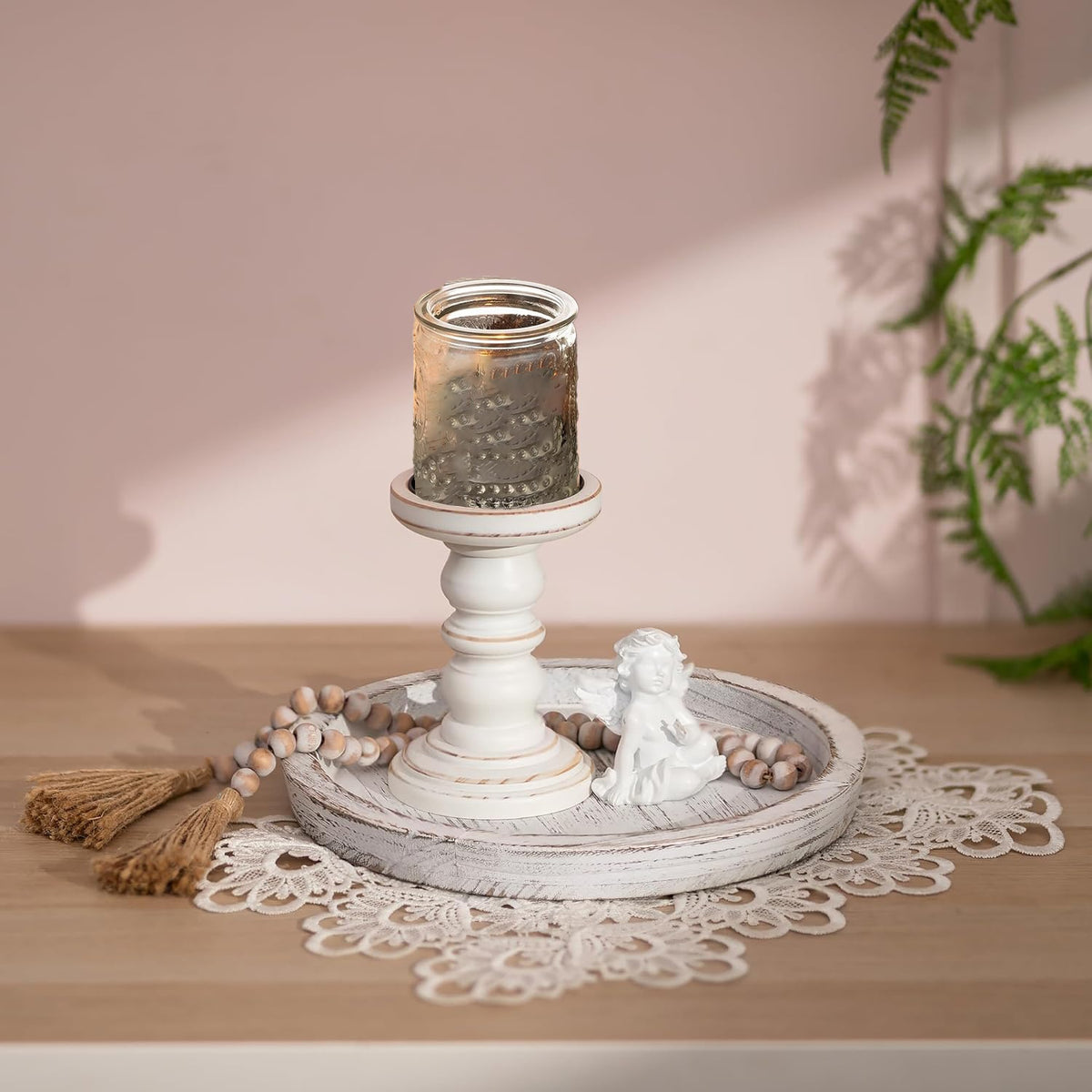 Rustic Round Wood Decorative Tray – Distressed Farmhouse Wooden Tray for Coffee Table, Ottoman, Living Room & Kitchen Counter Decor, Candle Holder Base & Boho Home Styling