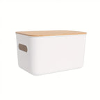 Storage Bins with Lids Wood Top, Plastic Stackable Storage Containers with Handle & Labels, Organizer Boxes for Home, Office, Bookshelf, Playroom & Medicine Cabinet, White, Set of 1/2/4/8