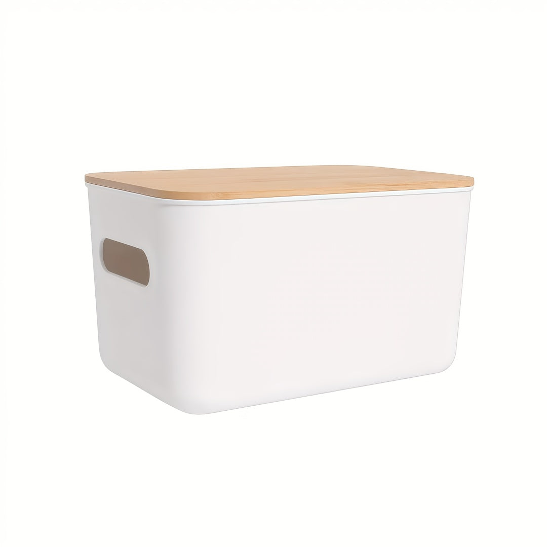 Storage Bins with Lids Wood Top, Plastic Stackable Storage Containers with Handle & Labels, Organizer Boxes for Home, Office, Bookshelf, Playroom & Medicine Cabinet, White, Set of 1/2/4/8