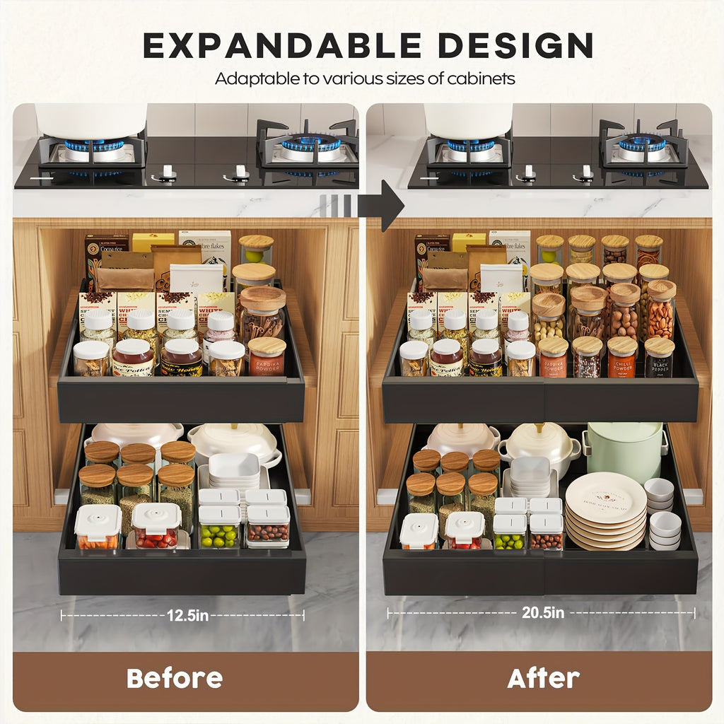 Sliding Cabinet Organizer Set of 4 – Carbon Steel Pull-Out Drawer Baskets with Expandable No-Drill Rolling Shelves for Kitchen Cabinet, Under-Sink Storage, Pantry & Refrigerator Shelf Organizer
