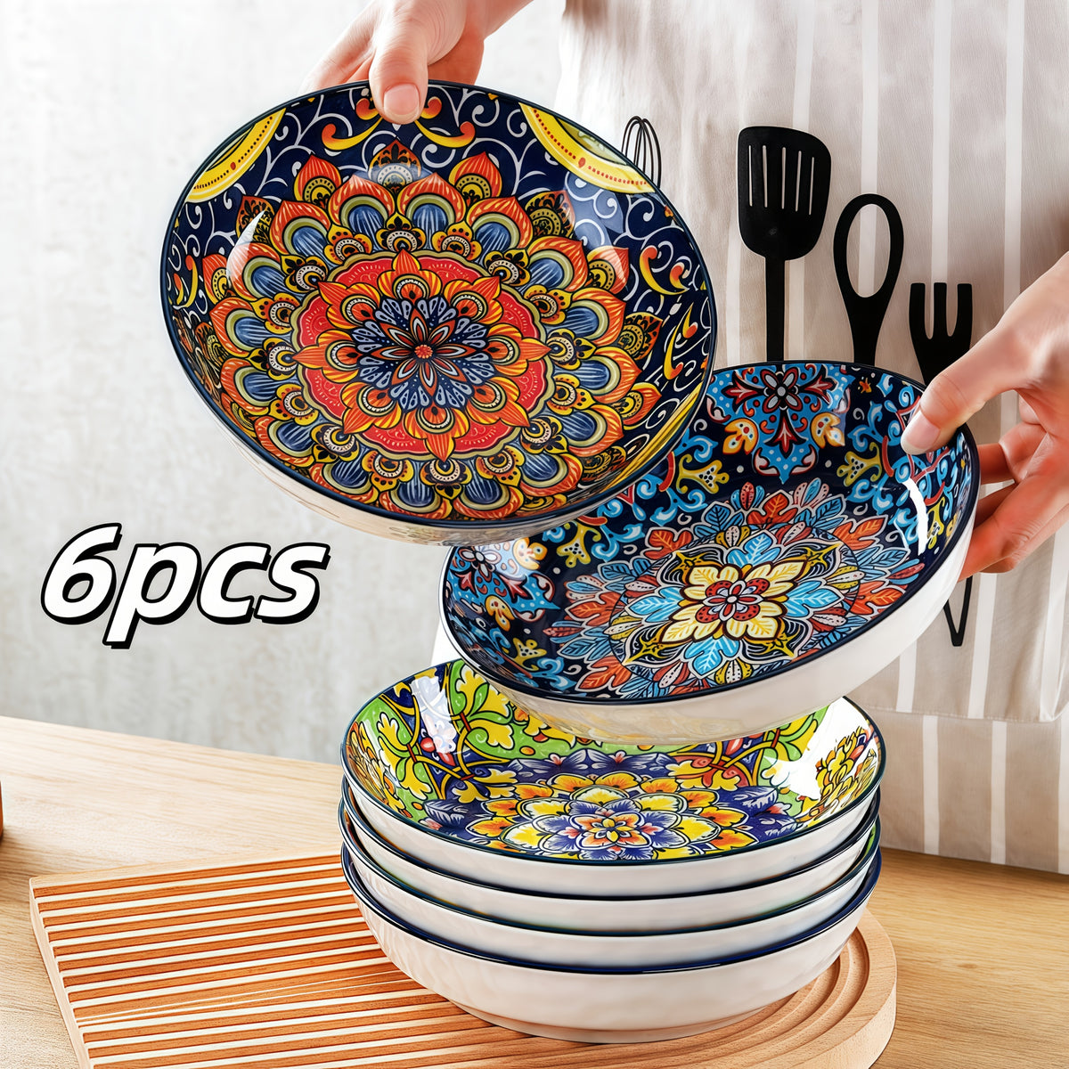Bohemian Ceramic Dinner Plates Set of 6 – Large Salad & Entree Plates for Pasta, Baking & Serving – Boho Home & Restaurant Dinnerware, Gift-Ready