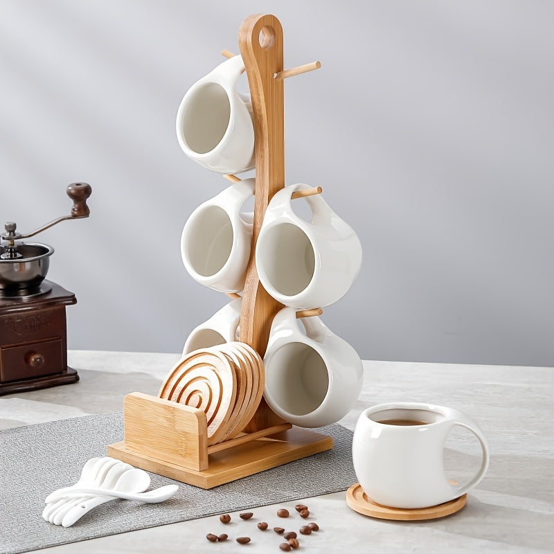 Ceramic Coffee Cup Set with Wooden Coaster and Cup Holder – 6 Piece 200ml 6.8oz for Latte Cappuccino Espresso Tea, Home Office Cafe Gift