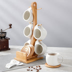 Ceramic Coffee Cup Set with Wooden Coaster and Cup Holder – 6 Piece 200ml 6.8oz for Latte Cappuccino Espresso Tea, Home Office Cafe Gift