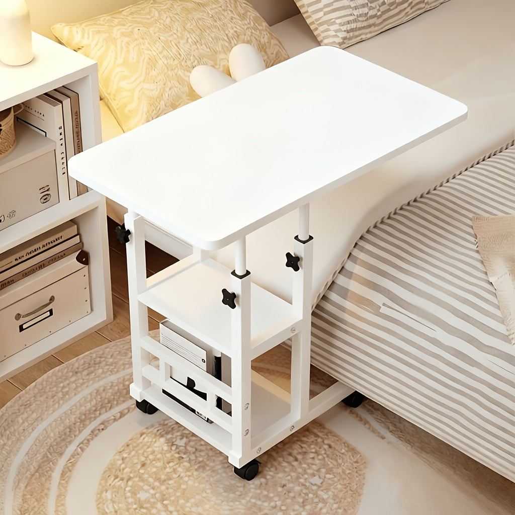 Rolling Over-Bed Table with 2-Layer Storage Rack | Mobile Bedside & Sofa Laptop Table, Solid Metal Frame, Smooth Wheels, Space-Saving Design – Multiple Colors