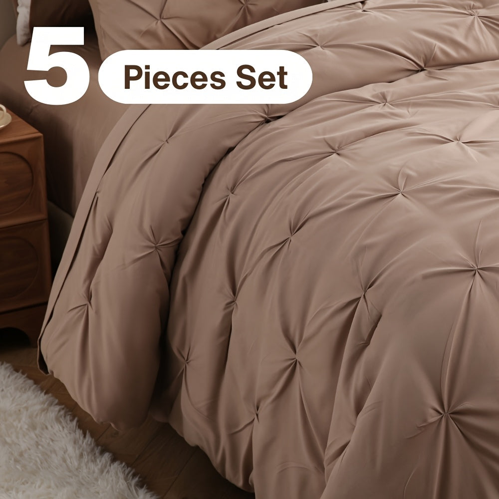 5/7pcs Pintuck Bed In A Bag Comforter Sets, Pinch Pleat Complete Bedding Sets with Comforter, Sheets & Pillowcases, Queen/King Size, All Season