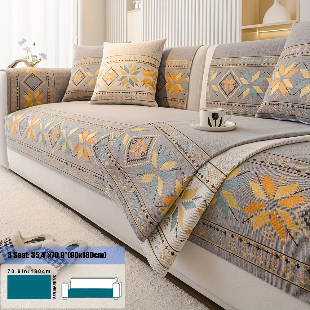 Chenille Sofa Slipcover Non-Slip Removable Couch Cover, 100% Polyester Boho Vintage Style Sofa Towel for 1 to 4-Seater Sofas & Armrests, Four Seasons Universal Home Decor in Dark Gray, Light Gray & Blue