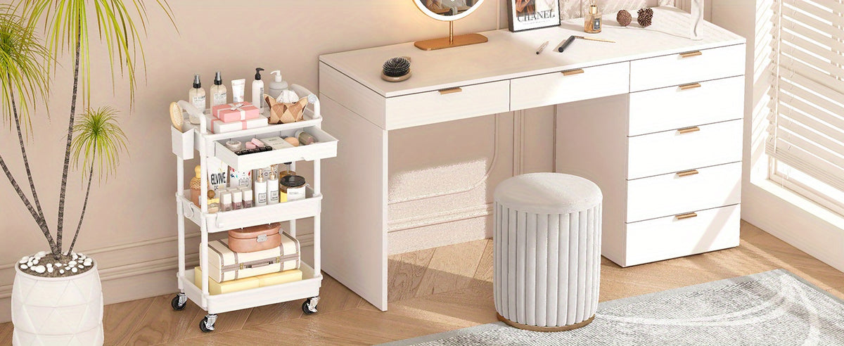 3/4-Tier Rolling Storage Cart with Drawers – Plastic Organizer with Lockable Wheels, Cup Holder & Hooks | Kitchen, Bathroom, Bedroom & Laundry Room
