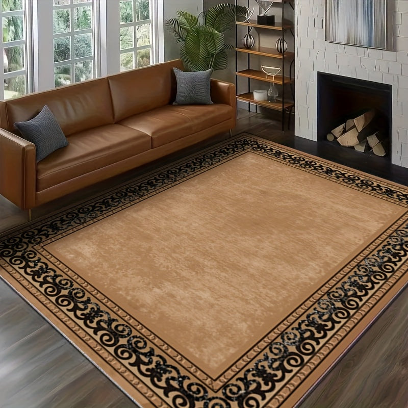Crystal Velvet Area Rug Traditional Camel Brown Bordered – Non-Slip Machine Washable Plush Carpet, 800g/sqm Dense Pile, 31x20in
