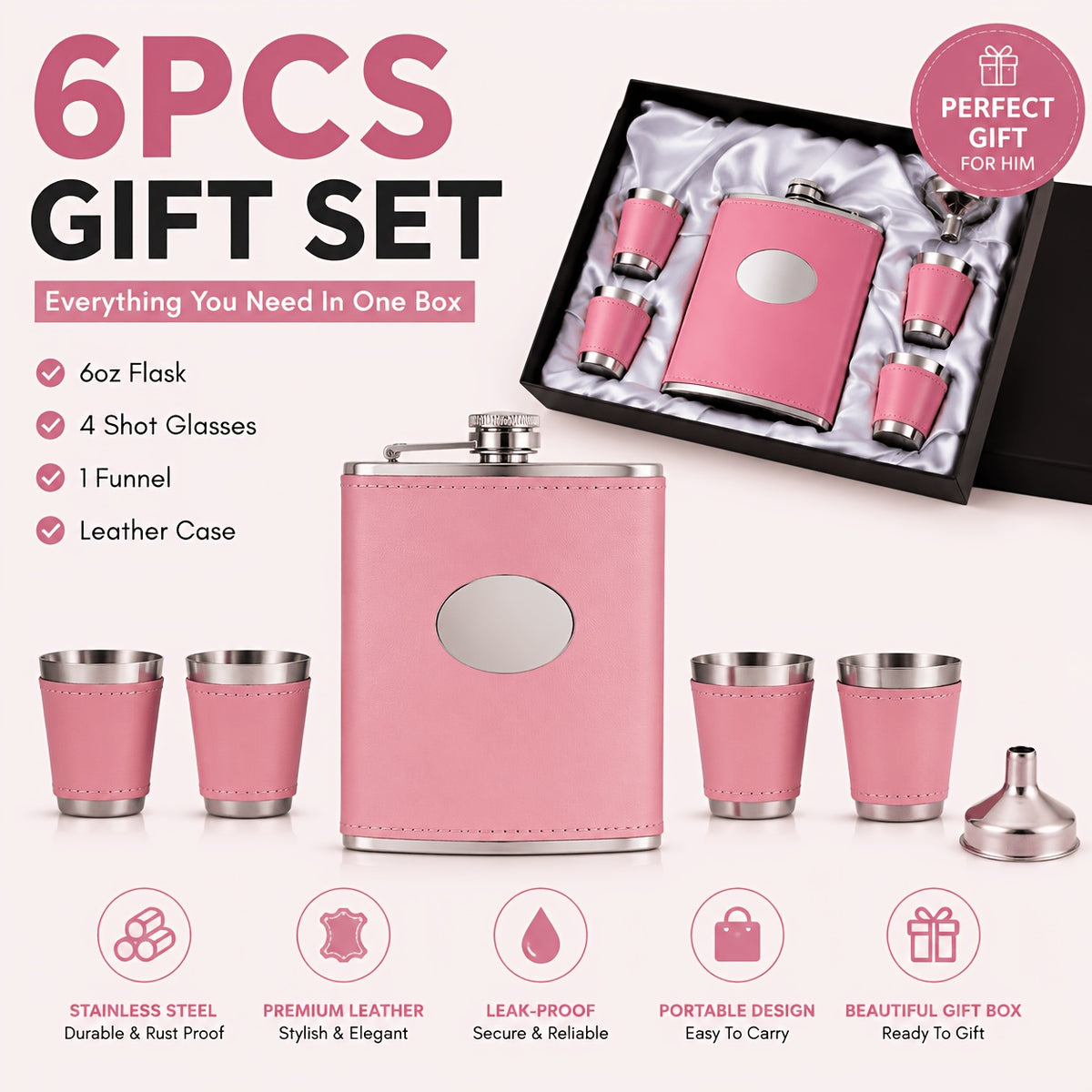 Whiskey Bottle Gift Set with Leather Case for Women – 6oz Stainless Steel Flask, 4 Glasses & Filter, Holiday Christmas Valentine's Day Gift for Girlfriend, Mom & Bar Lovers