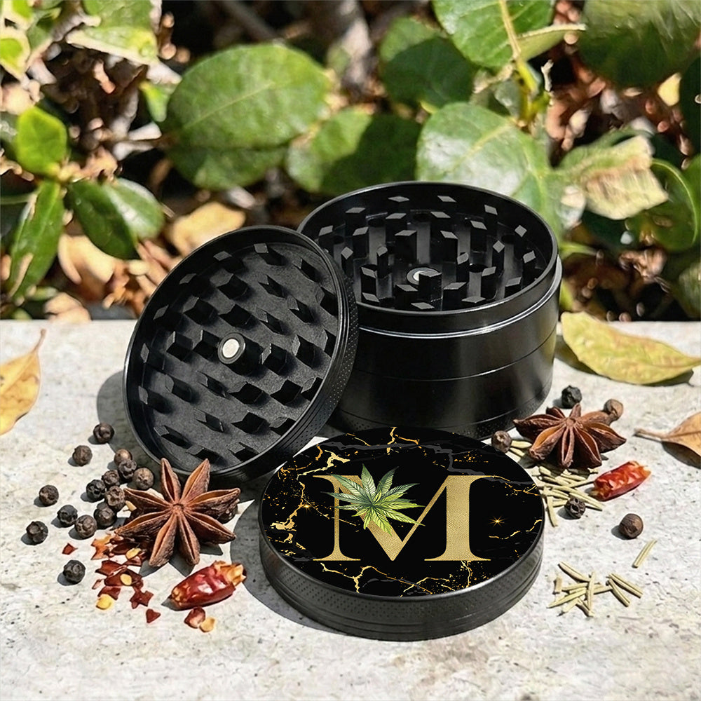 Manual Spice & Herb Grinder with Pollen Catcher - Personalized A-Z Initial Letter Metal Crusher, Portable 2 Inch Golden Marble Alphabet Design, Gift for Smokers & Herb Lovers (Black)