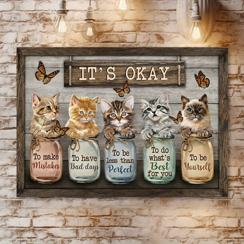 Whimsical Cat & Butterfly Framed Canvas Wall Art with Inspirational Quotes - Rustic Wood Frame, Cozy Home Decor for Living Room, Bedroom & Office, Unique Cat Lover Gift