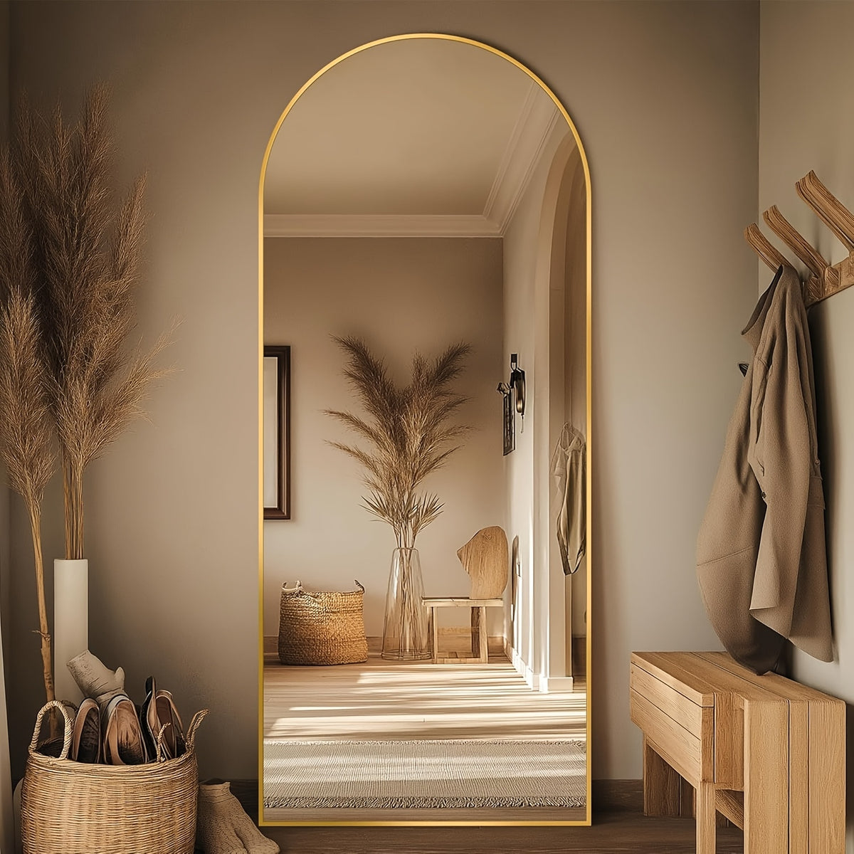 Full Length Floor Mirror Arched Freestanding Large Full Body Standing Mirror with Sturdy Base Polished Surface for Bedroom Living Room Bathroom Space Enhancing Home Decor