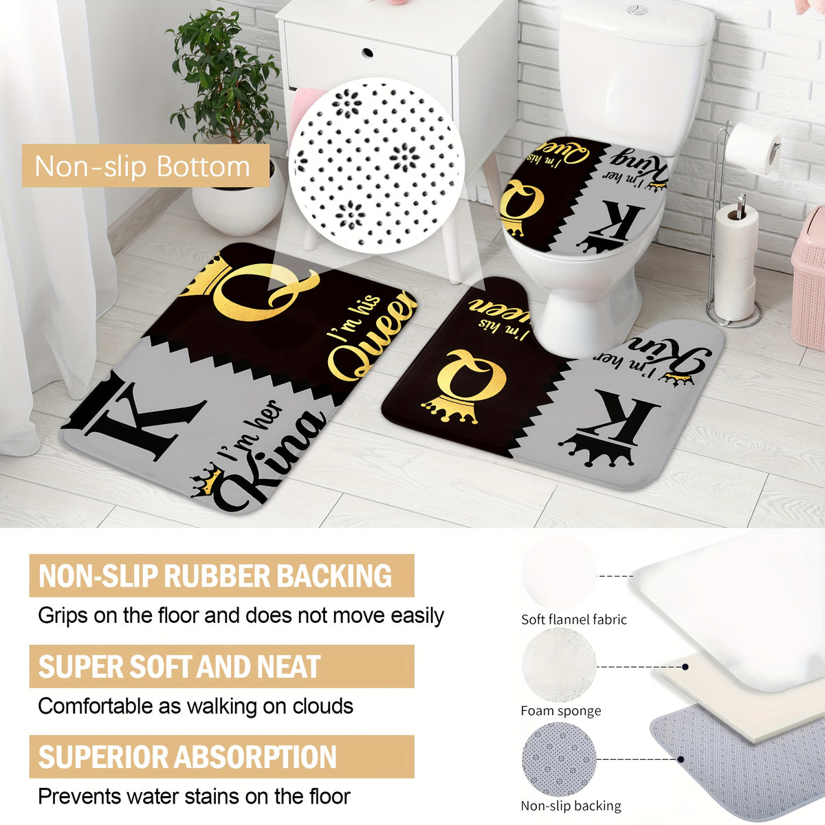 King Queen Shower Curtain Set 4pcs – Bathroom Curtain with 12 Hooks, Non-Slip Rug, Toilet U-Shape Mat & Lid Cover, Modern Bathroom Accessories