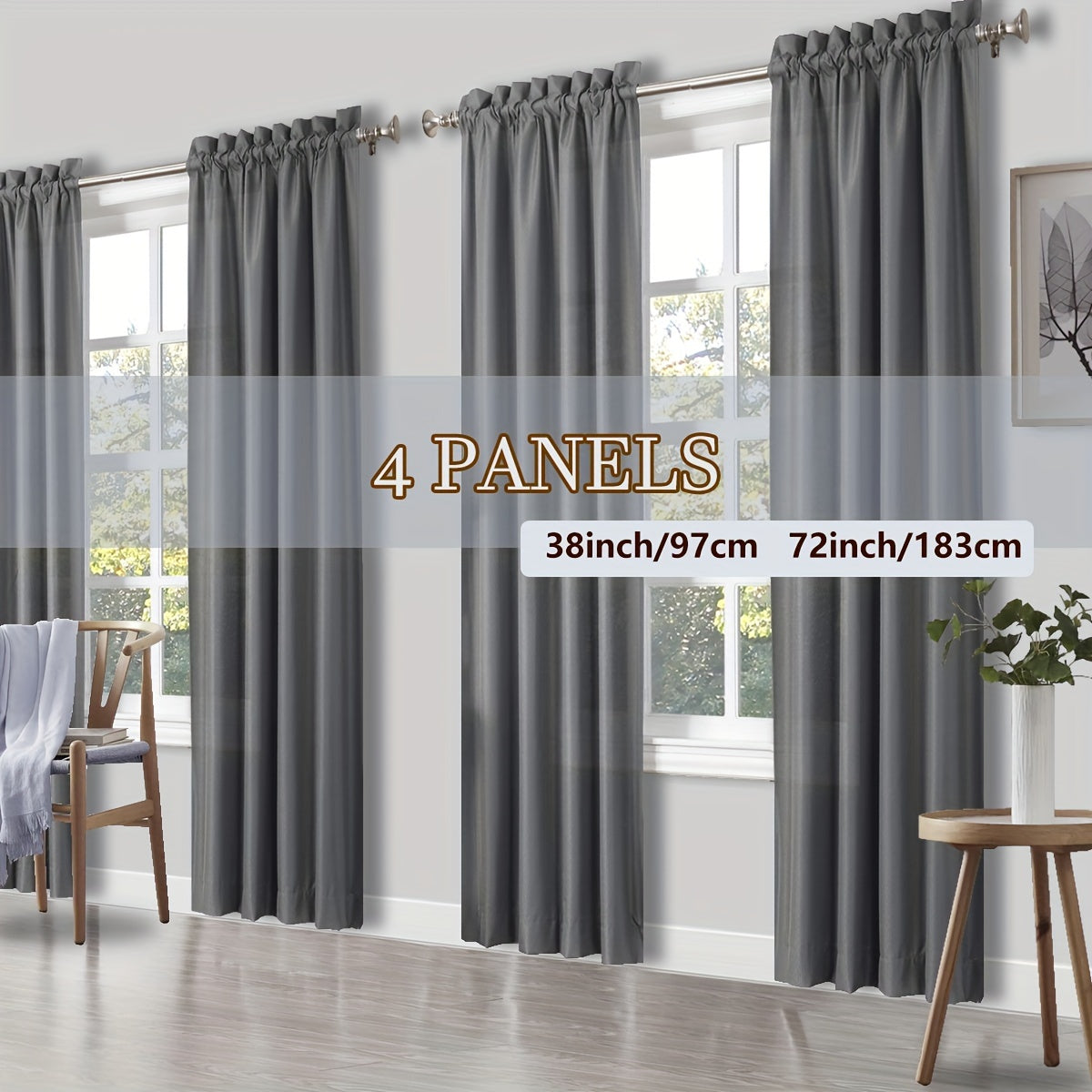 Solid Color Rod Pocket Light Filtering Curtains – 4 Panels Set for Living Room, Bedroom & Office | Multiple Sizes & 10 Colors | Simple Modern Window Panels