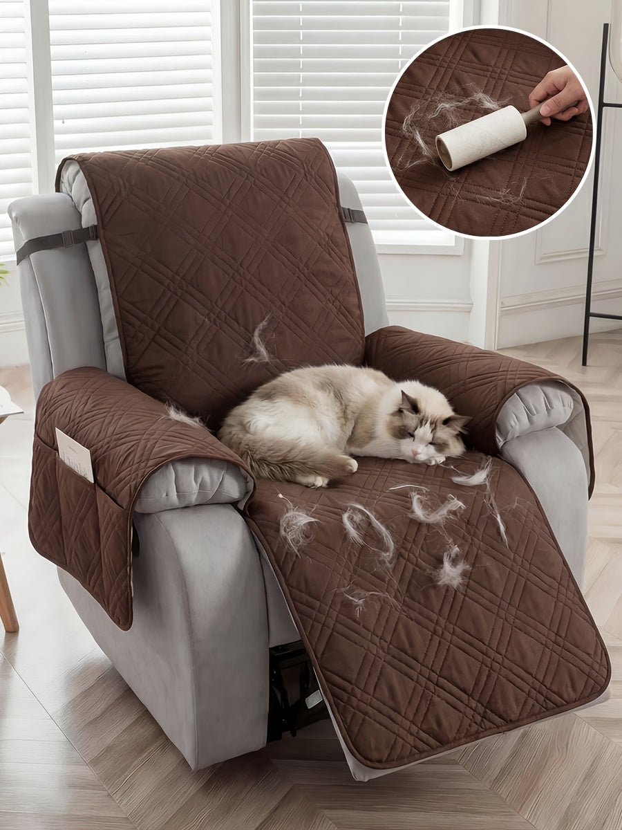 Quilted Recliner Cover with Side Pocket Anti-Slip Elastic Band Pet Furniture Protector – Easy to Install Sofa Recliner Slipcover for Living Room, All-Season Home Decor