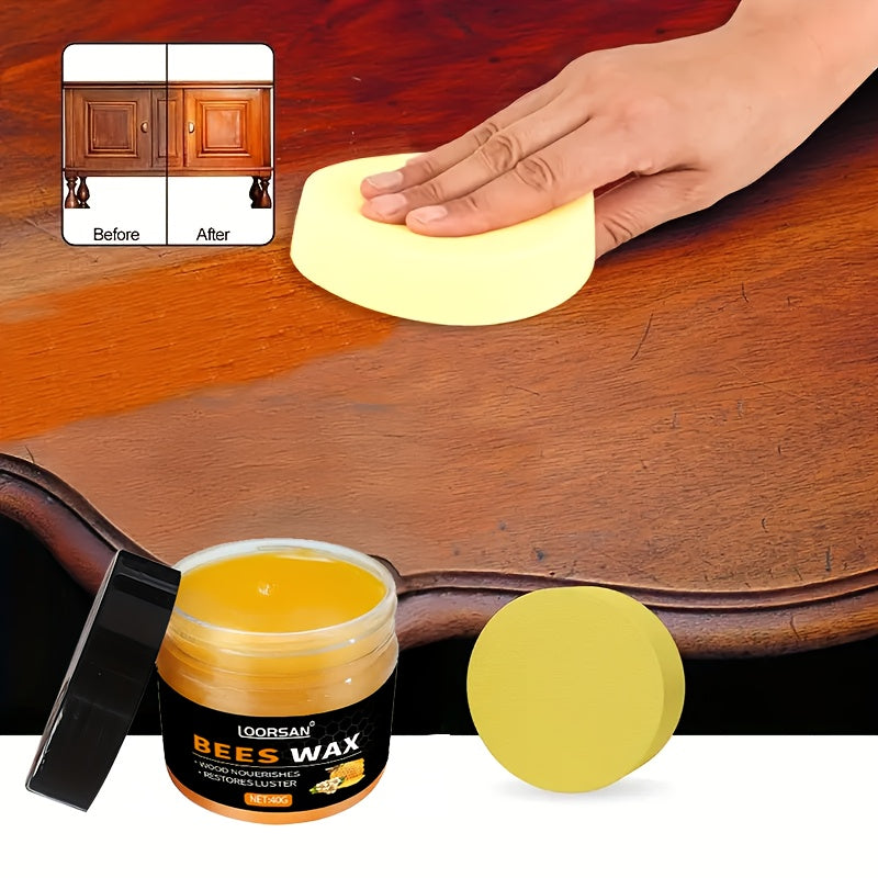 Beeswax Wood Furniture Polish & Protector with Sponge, Natural Bee Oil for Wooden Furniture Floor Maintenance Anti-Crack & Shine Restoration, 40g All-Wood Surface Care