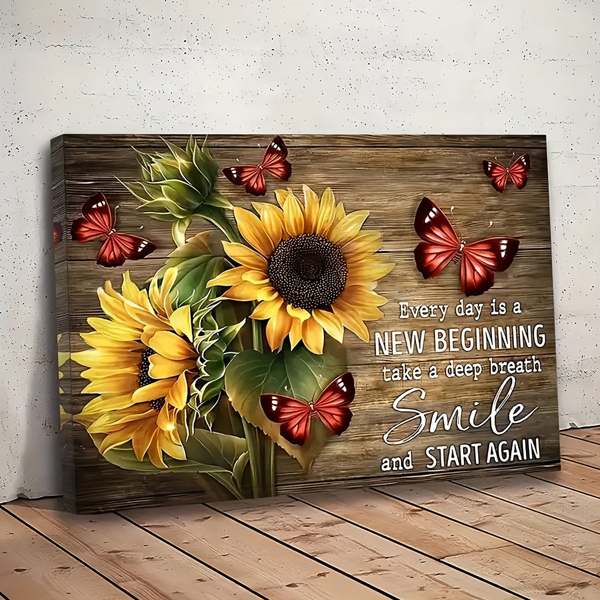 Inspirational Quote Canvas Wall Art Framed Sunflower Red Butterfly – Every Day Is A New Beginning Rustic Farmhouse Wall Decor Ready to Hang, Motivational Living Room Bedroom Gift