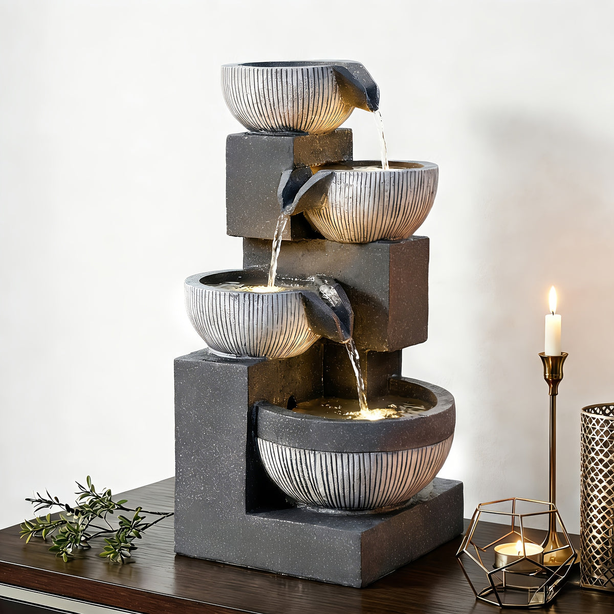 4-Tier Cascading Bowl Water Fountain 18.7" Floor Standing with LED Lights & Silent Pump – Indoor Waterfall Fountain for Home Decor, Office & Meditation