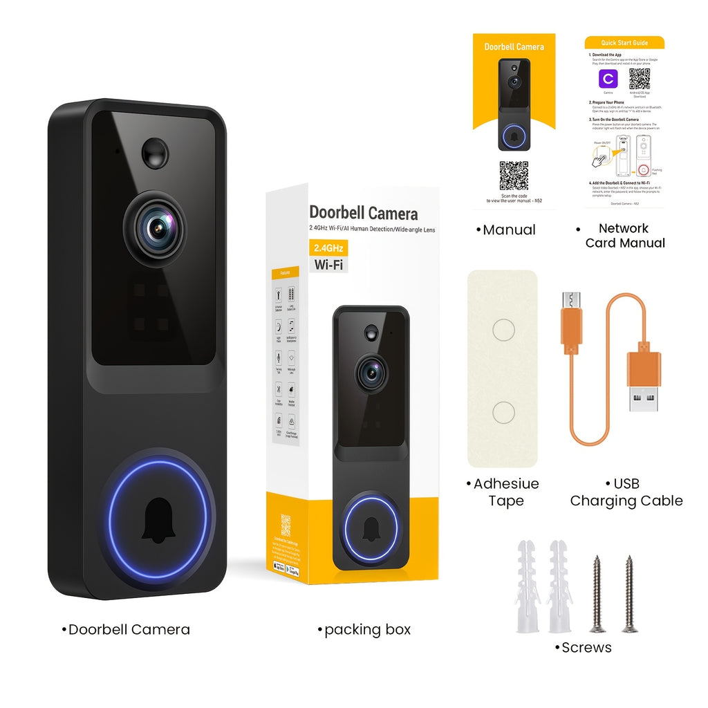 2K Smart Video Doorbell Camera – 166° Wide Angle, AI Human Detection, Two-Way Voice, Night Vision, Cloud Storage & 2.4G WiFi Wireless Doorbell for Home Security
