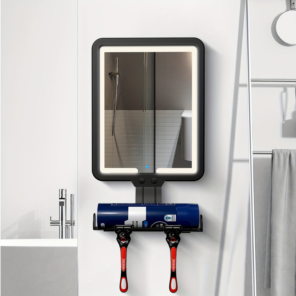 Heated Fog-Free Shower Mirror with LED Light 9.5x7 Inch | Detachable Fogless Bath Mirror with Shaving Foam Base, 2 Razor Holders & 3-Color Adjustable Brightness