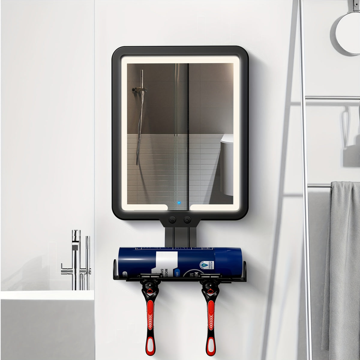 Heated Fog-Free Shower Mirror with LED Light 9.5x7 Inch | Detachable Fogless Bath Mirror with Shaving Foam Base, 2 Razor Holders & 3-Color Adjustable Brightness