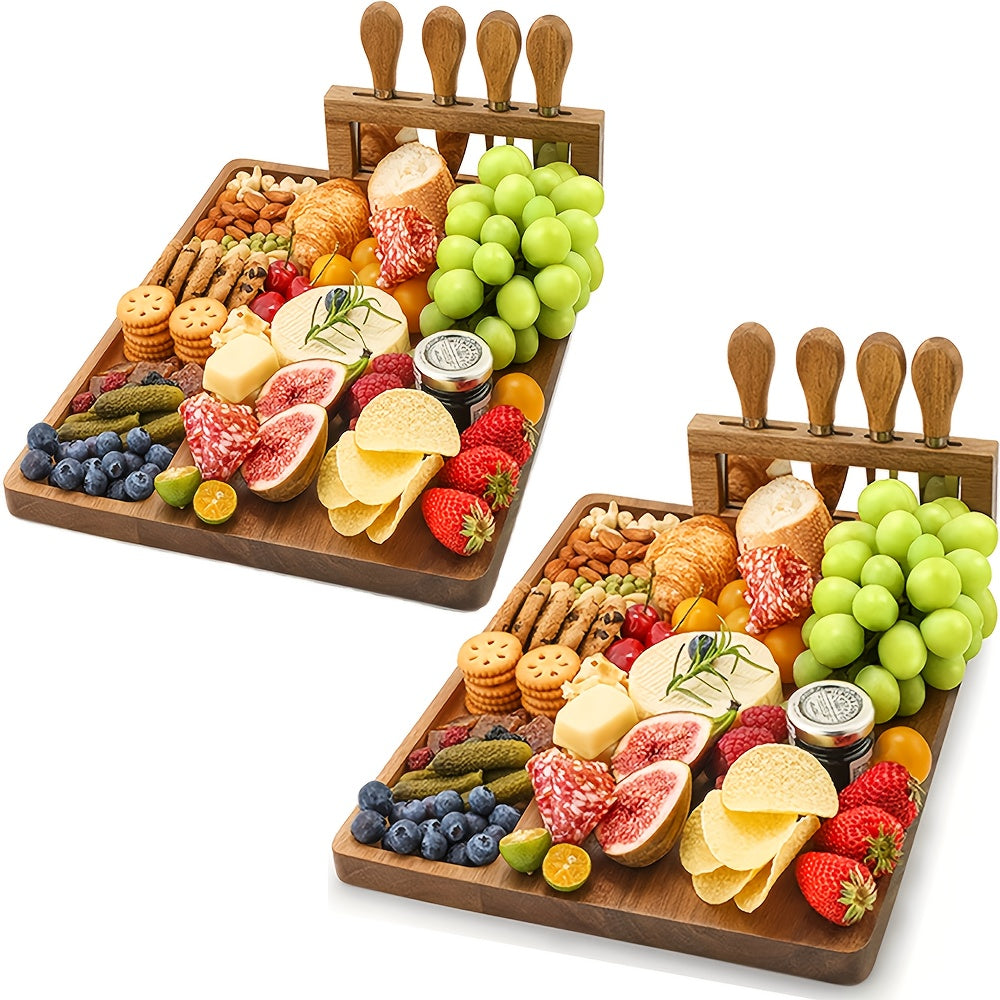 Wood Cheese Board Set with 4 Stainless Steel Knives 14x11 Inch Charcuterie Platter Appetizer Board for Party Wedding Gift Set of 1 or 2
