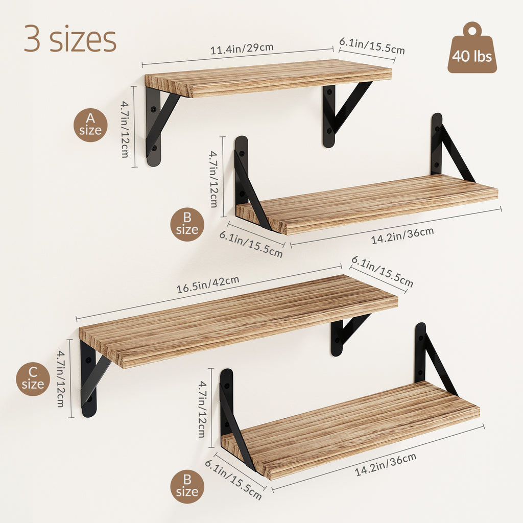 Mixed Size Farmhouse Floating Wall Shelves Set of 4 - Natural Wood Wall Mounted Shelf with Triangle Metal Brackets for Bedroom, Bathroom, Living Room & Kitchen Storage Decor