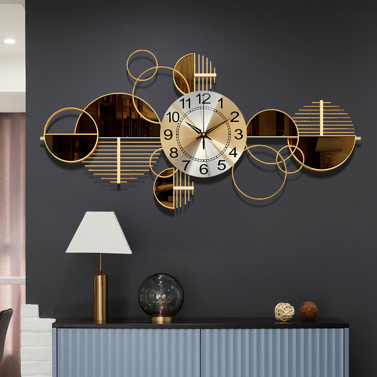 Large Metal Wall Clock 3D Decorative Silent 34x17 Inch – Modern Wall Art Clock for Living Room & Bedroom
