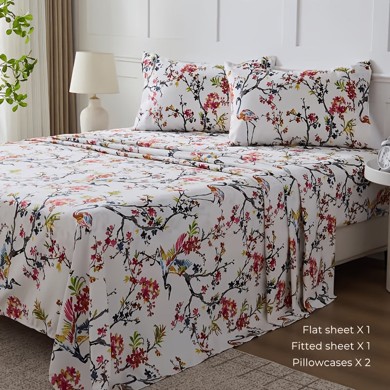 Floral Sheet Set – 4-Piece Soft Fitted & Flat Sheets with Pillowcases, Wrinkle-Resistant Bedding