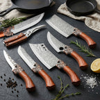 Professional Kitchen Knife Set with Forged Carbon Steel Blades, Full Tang Chef's, Meat, Carving & Cleaver Knives Plus Poultry Shears, Upgraded Version, Perfect Gift for Women & Home Cooks