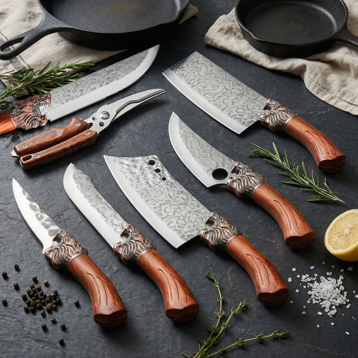 Professional Kitchen Knife Set with Forged Carbon Steel Blades, Full Tang Chef's, Meat, Carving & Cleaver Knives Plus Poultry Shears, Upgraded Version, Perfect Gift for Women & Home Cooks