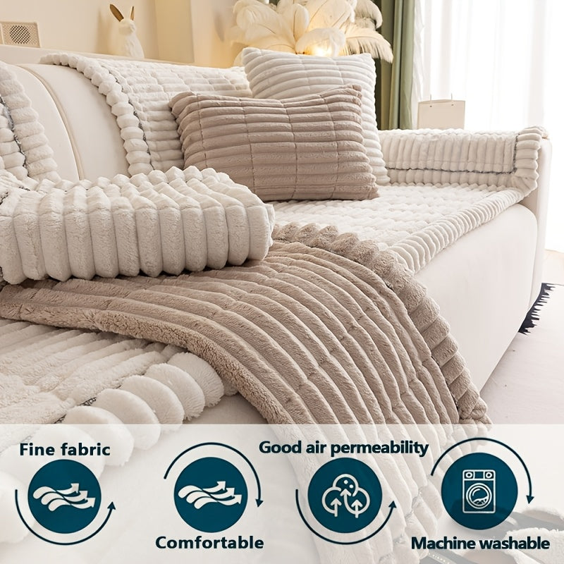 Boho Plush Sofa Cover with Ruffled Edges – Thick Warm Pet-Friendly Couch Protector, Bohemian Style Home Decoration Slipcover for Living Room Sofa Couch Furniture