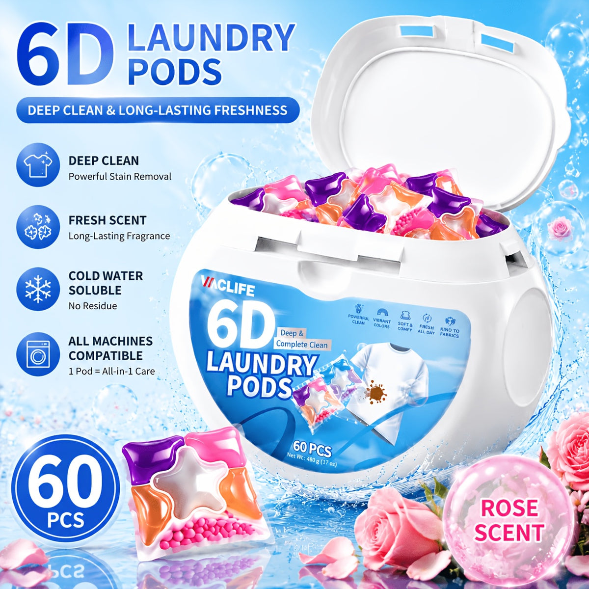 6-in-1 Laundry Detergent Pods 50 Count + 10 Bonus, Deep Clean Stain Removal Color Protection Fabric Softening Long-Lasting Rose Fragrance, Fast Dissolving HE Washer Compatible Laundry Pods