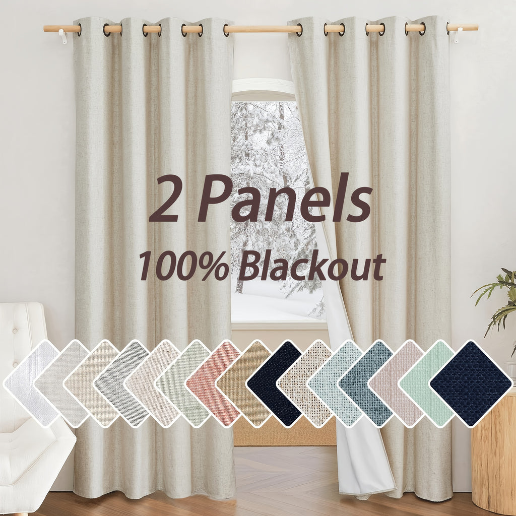 Linen Blackout Curtains 2 Panels 100% Farmhouse Grommet Top – Thermal Insulated Thick Window Drapes for Living Room Bedroom, 11 Colors 6 Sizes