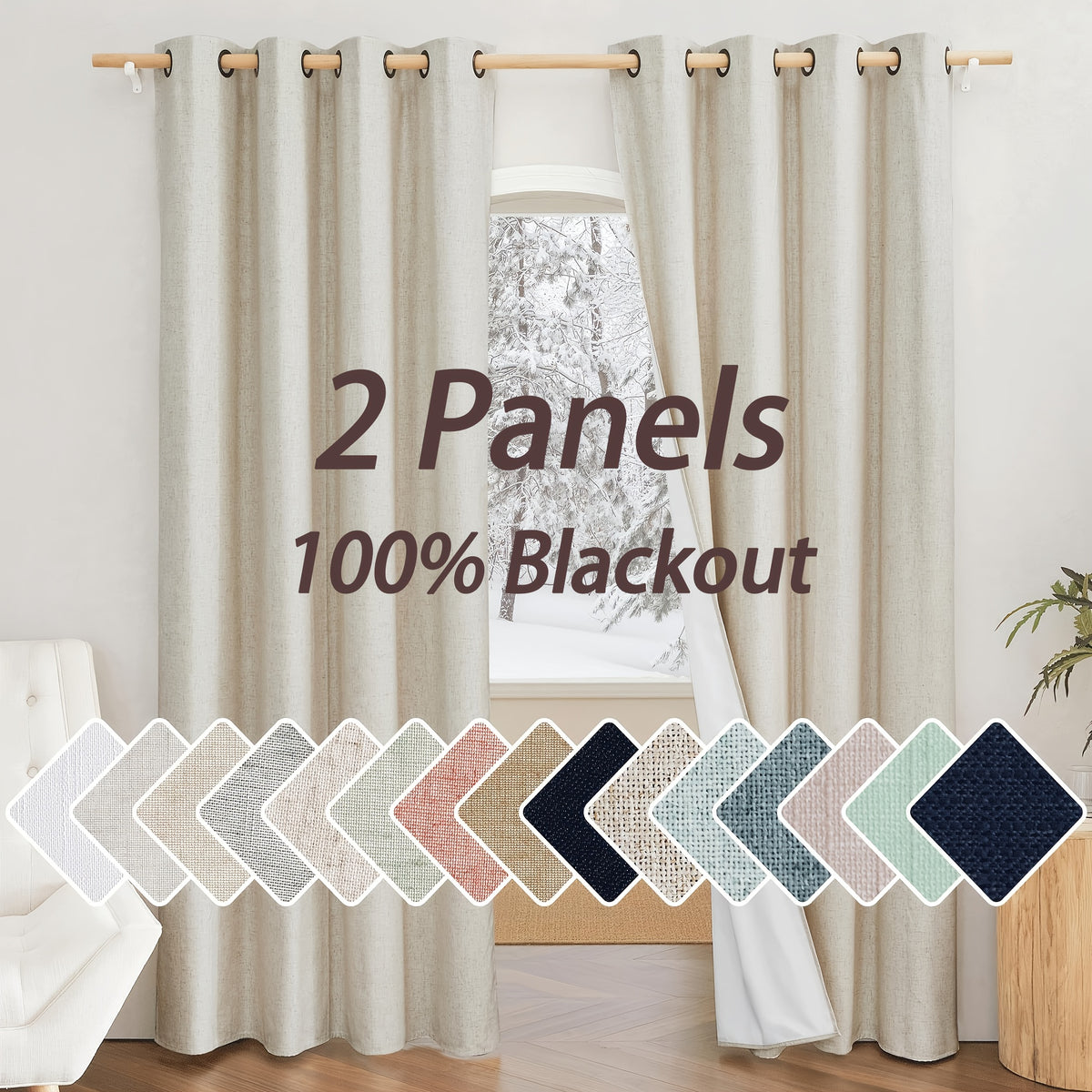 Linen Blackout Curtains 2 Panels 100% Farmhouse Grommet Top – Thermal Insulated Thick Window Drapes for Living Room Bedroom, 11 Colors 6 Sizes