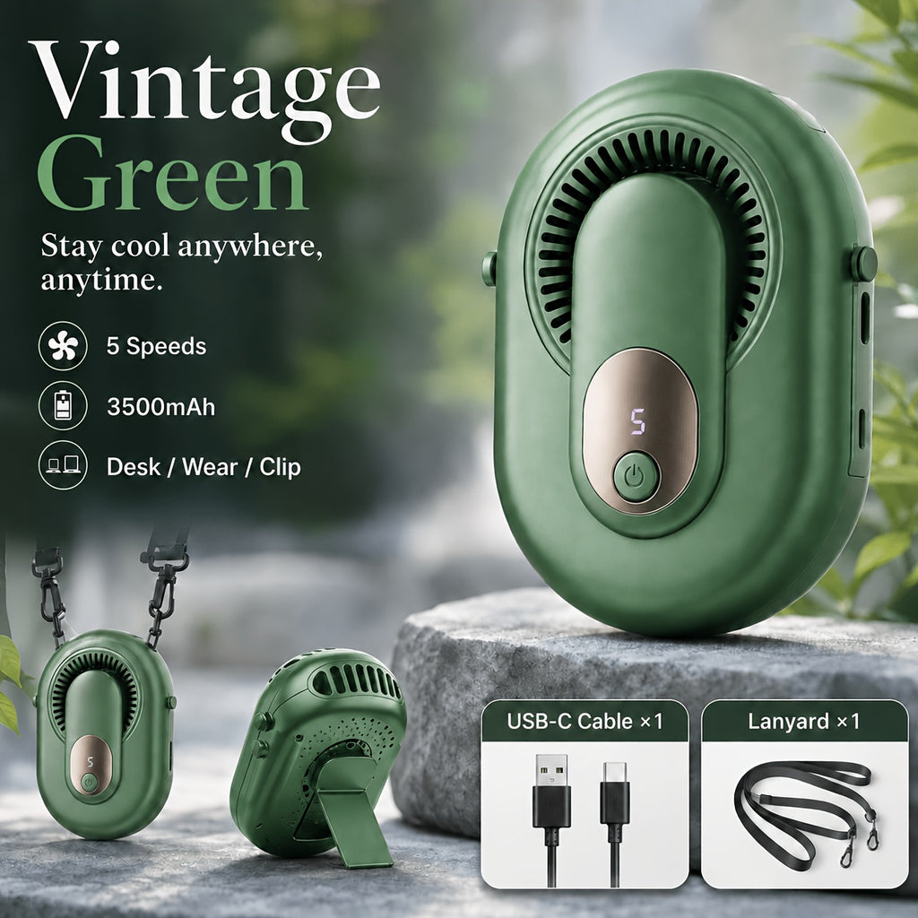 3-in-1 Portable Waist Fan USB-C Rechargeable 3500mAh – Wearable Neck Fan with Lanyard, Clip & Desk Stand, 5-Speed Hands-Free Personal Cooling Fan for Travel, Outdoor, Work & Gym