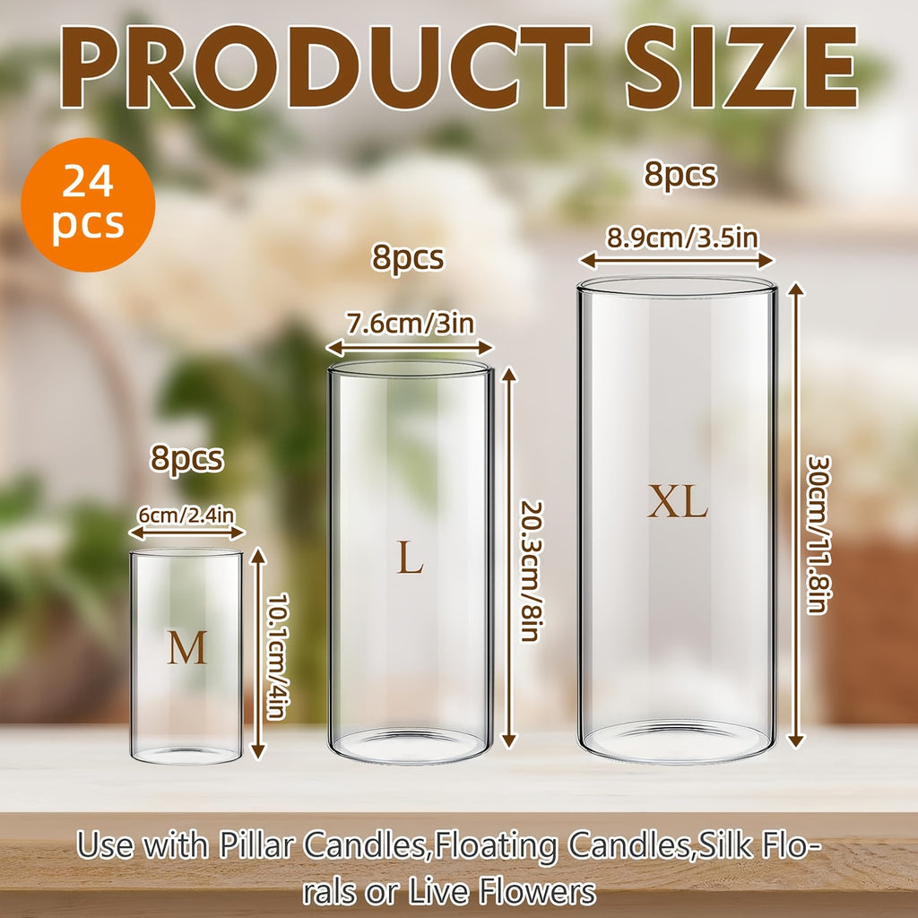 Glass Cylinder Vases Bulk Set 15/18/24/48pcs - 3 Sizes (4"/8"/12") Clear Candle Holders, Tall Flower Vases for Wedding Centerpieces, Party & Halloween Decorations, Home Decor