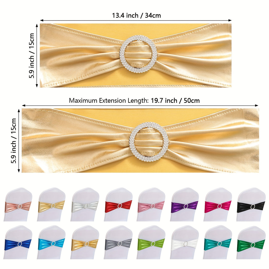 Metallic Spandex Chair Sashes Bow Bands 100pcs – Sparkle Lycra Stretch Chair Ties with Buckle for Wedding, Banquet & Party Decor | Gold, Silver, Rose Gold