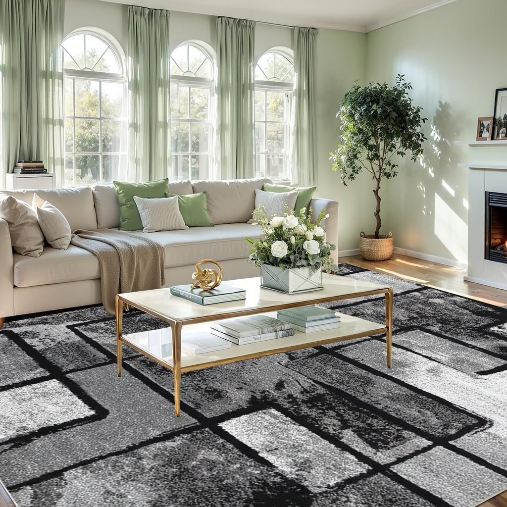 Luxury Velvet Area Rug Non-Slip Machine Washable, Geometric Print Fluffy Polyester Carpet for Living Room Bedroom Kitchen, 7 Sizes Available