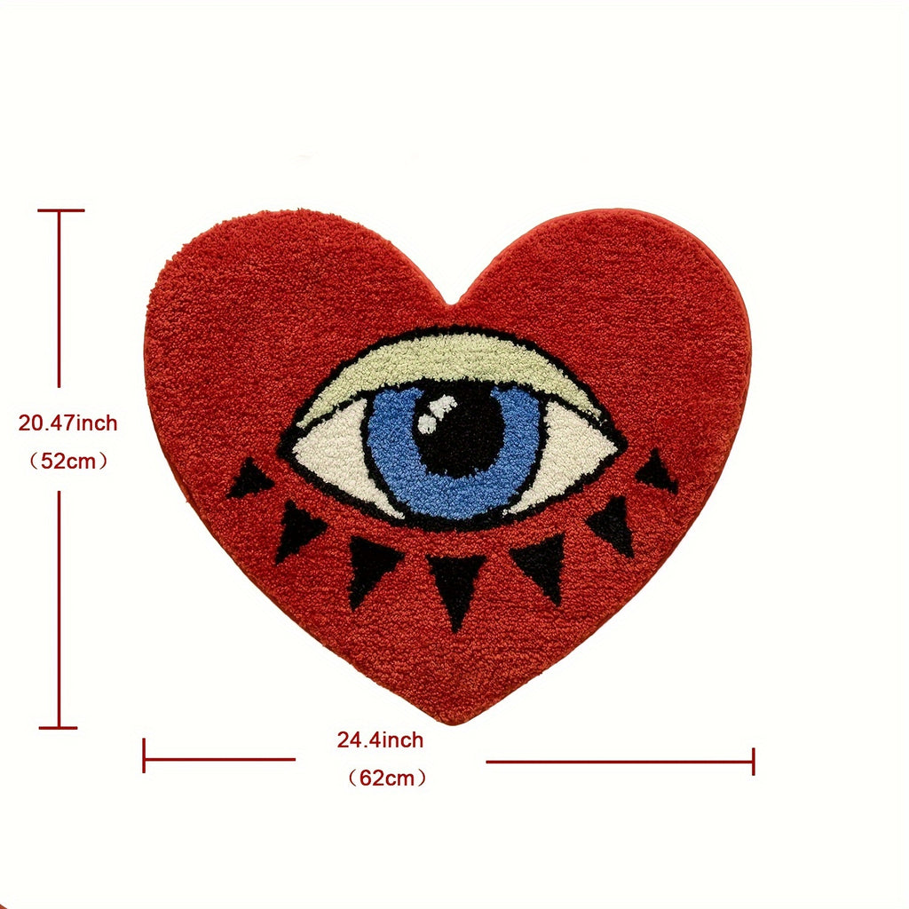 Heart Shaped Plush Bathroom Mat with Eye Pattern - Non-Slip Absorbent Irregular Bath Rug, 20.47" x 24.4", Decorative Bathtub Foot Pad for Valentine's Day, Bedroom & Home Decor