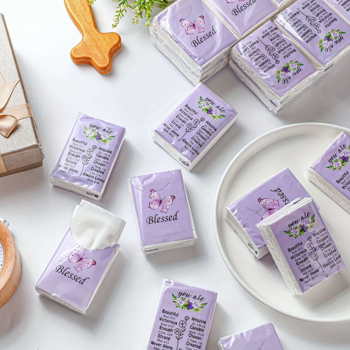 Blessed Pocket Tissues 100 Pack – 3-Ply Individually Wrapped Travel Tissues, Purple Butterfly Lavender Design for Weddings, Graduation & Events