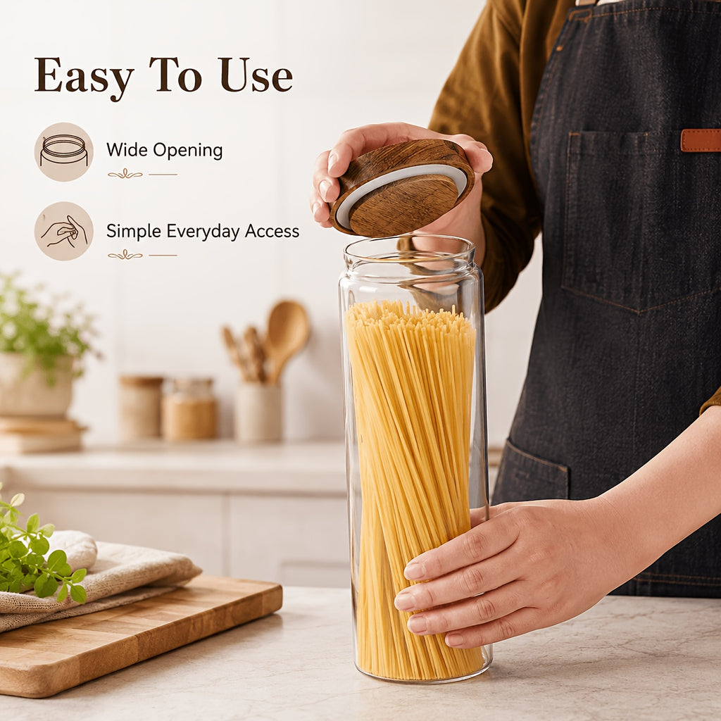 Glass Food Storage Jars with Wooden Lids 4-Piece Set – Airtight Transparent Kitchen Canister Set for Coffee Beans, Spices, Snacks & Dry Goods | 16/25/34/53 oz